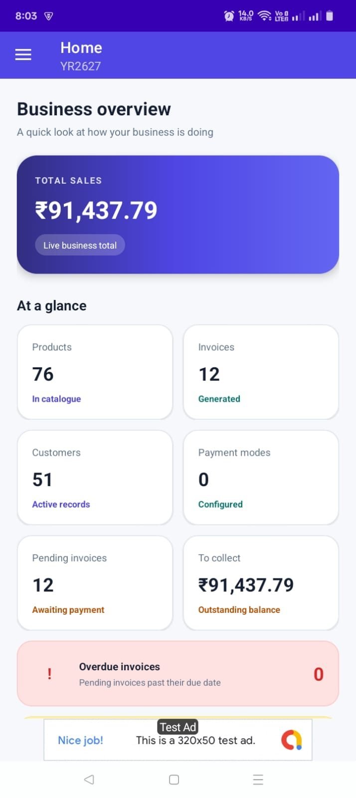 Radiant Invoicing Android dashboard showing sales, invoices, customers and products
