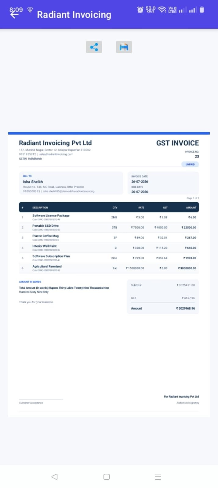 Professional GST invoice PDF generated by Radiant Invoicing